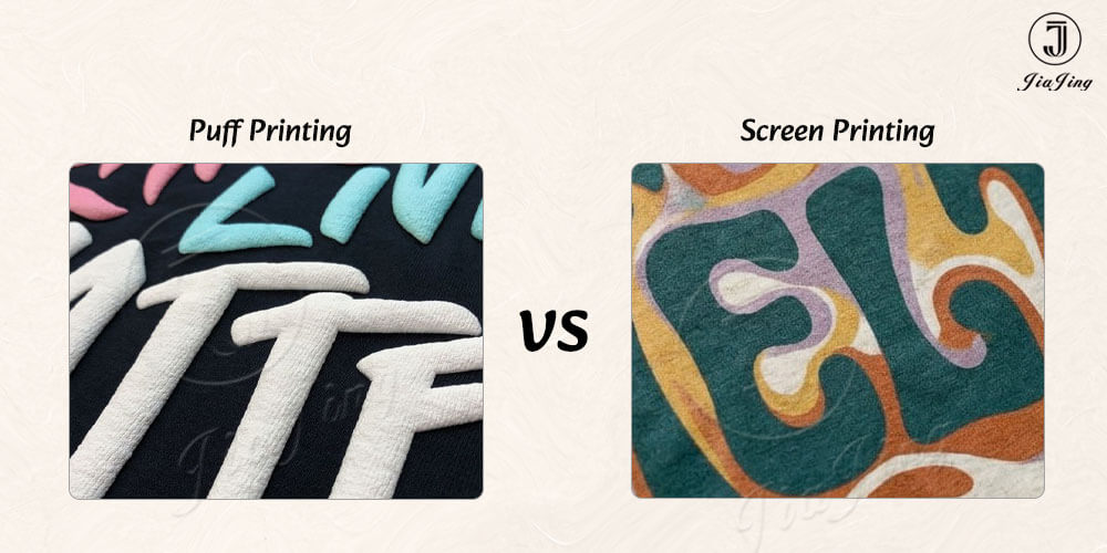 Raised puff print compared with traditional screen printing